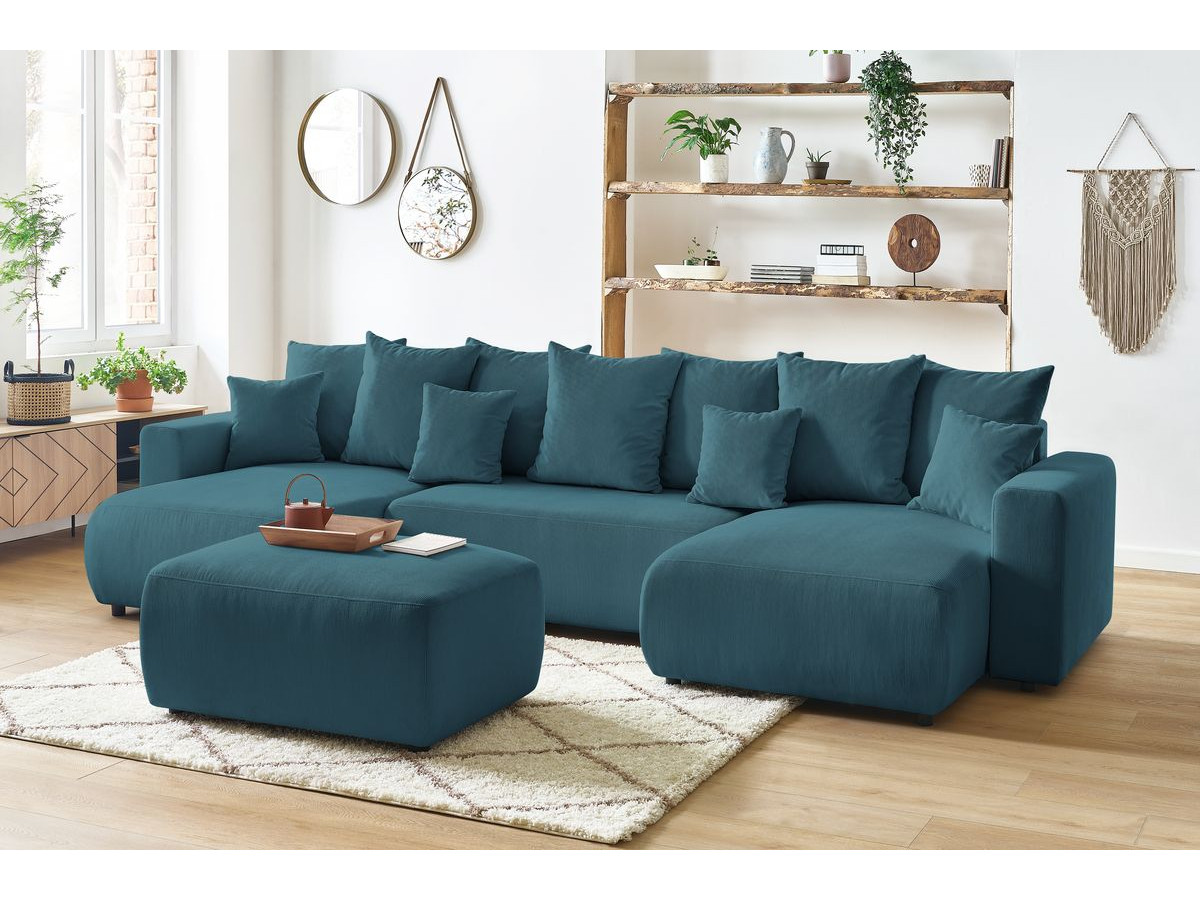 Canapé panoramique convertible coffre ENVY Velours côtelé avec pouf