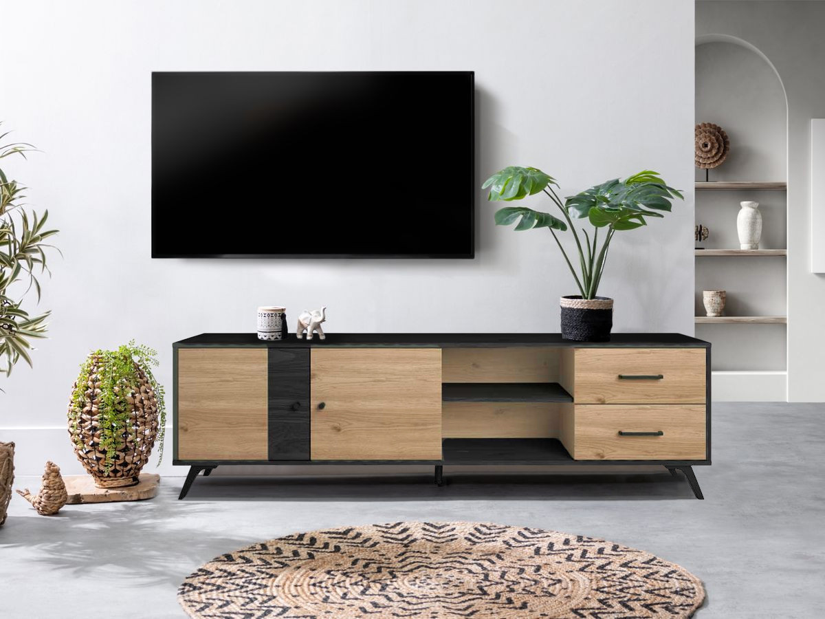 Meuble TV 180 cm ROMY imitation chêne et noir