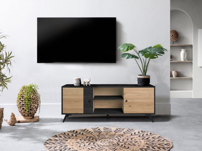Meuble TV 136 cm ROMY imitation chêne et noir