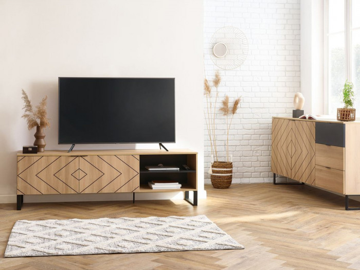 Meuble TV 180 cm ALVANA chêne et noir