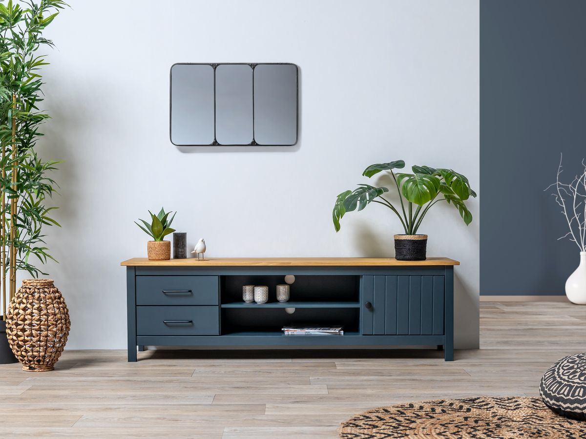 Meuble TV 158 cm MEGANE Bleu et Bois clair