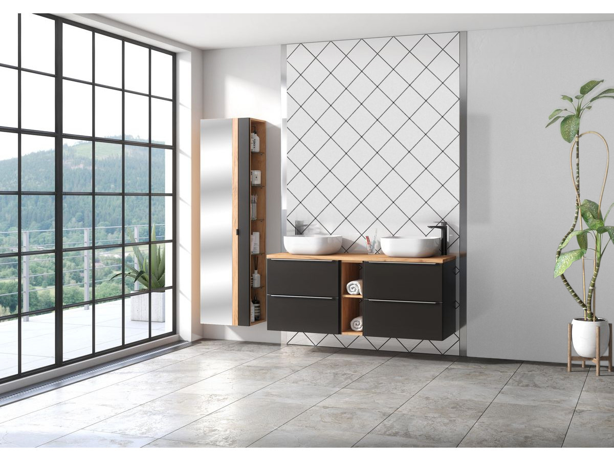 Ensemble de salle de bain 140 cm JOHN avec colonne noir et chêne