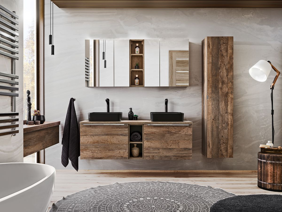 Ensemble de salle de bain 140 cm ZINA avec colonne et meuble pharmacie chêne et noir