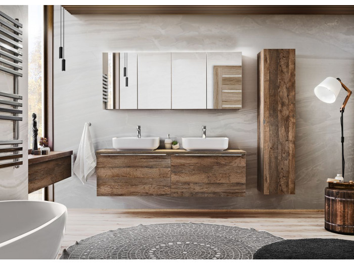 Ensemble de salle de bain 160 cm ZINA avec colonne et meuble pharmacie chêne et blanc