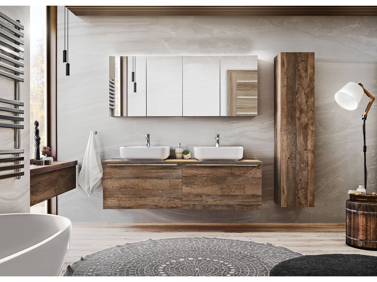 Ensemble de salle de bain 160 cm ZINA avec colonne et meuble pharmacie chêne et blanc
