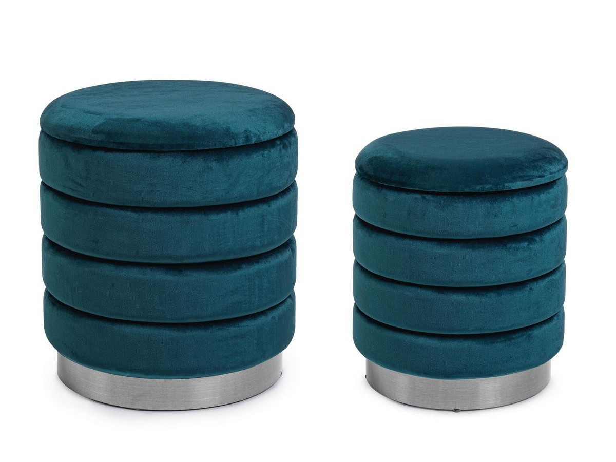Lot de 2 poufs DORIS effet velours avec coffre et pied argenté