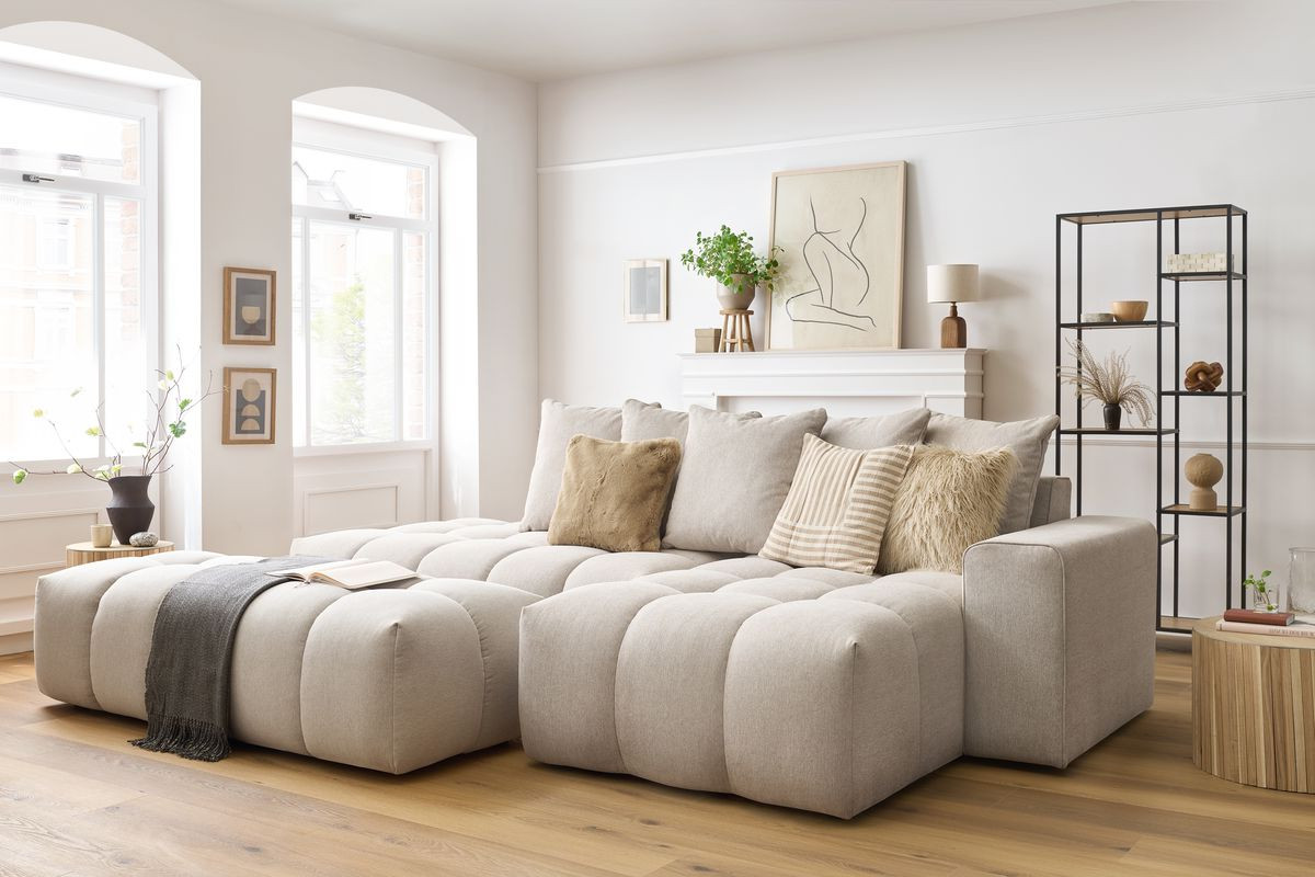 Canapé d'angle fixe MONT-BLANC tissu avec pouf | BOBOCHIC®