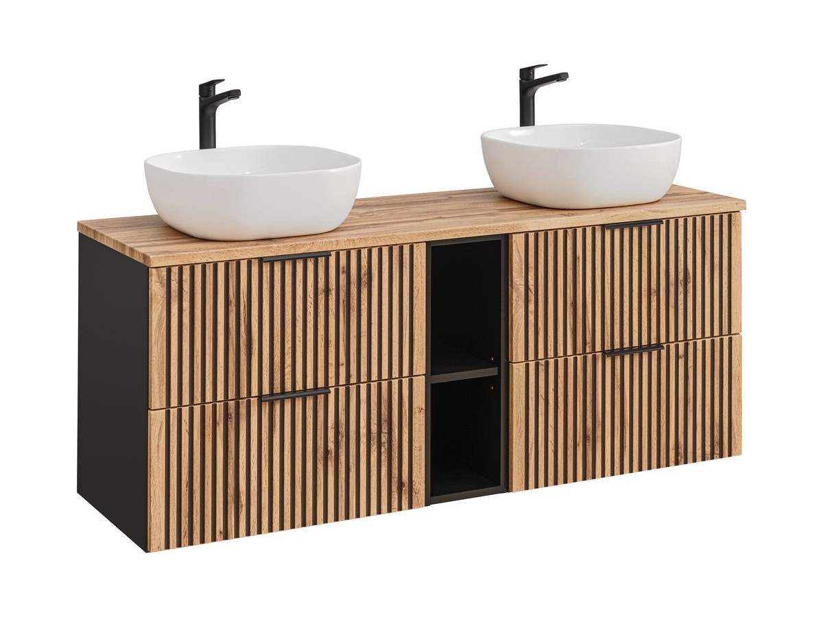 Ensemble salle de bain 140 cm AXEL avec vasques à poser et colonne bois clair