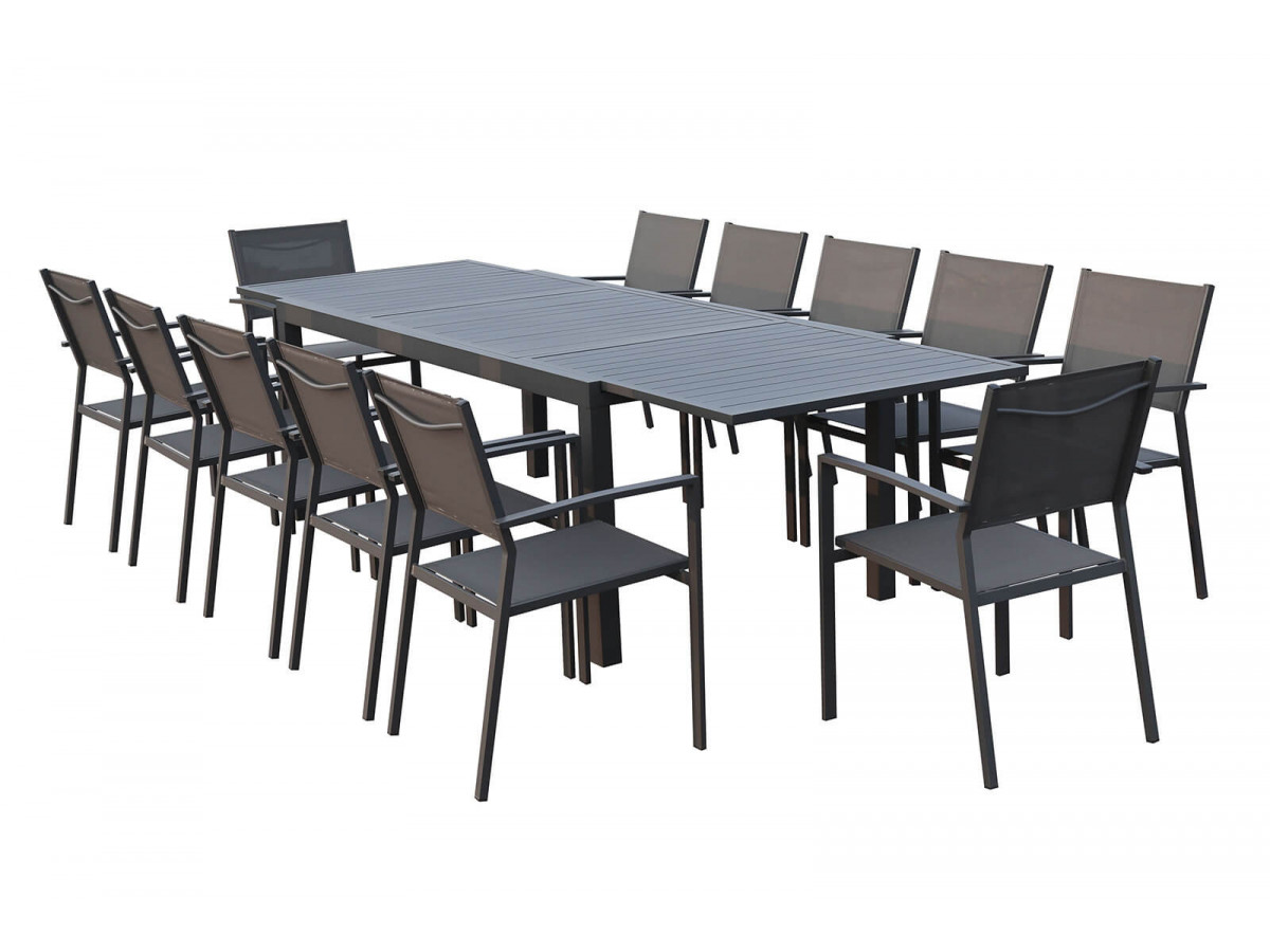 Ensemble table extensible + 12 fauteuils anthracite Chili