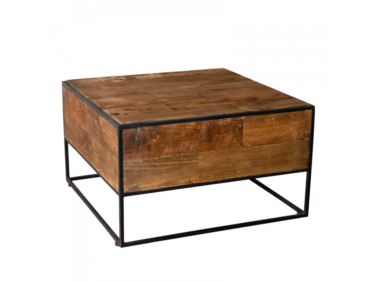 Table d'appoint carree 60x60cm bois Teck recycle et metal YOGYA