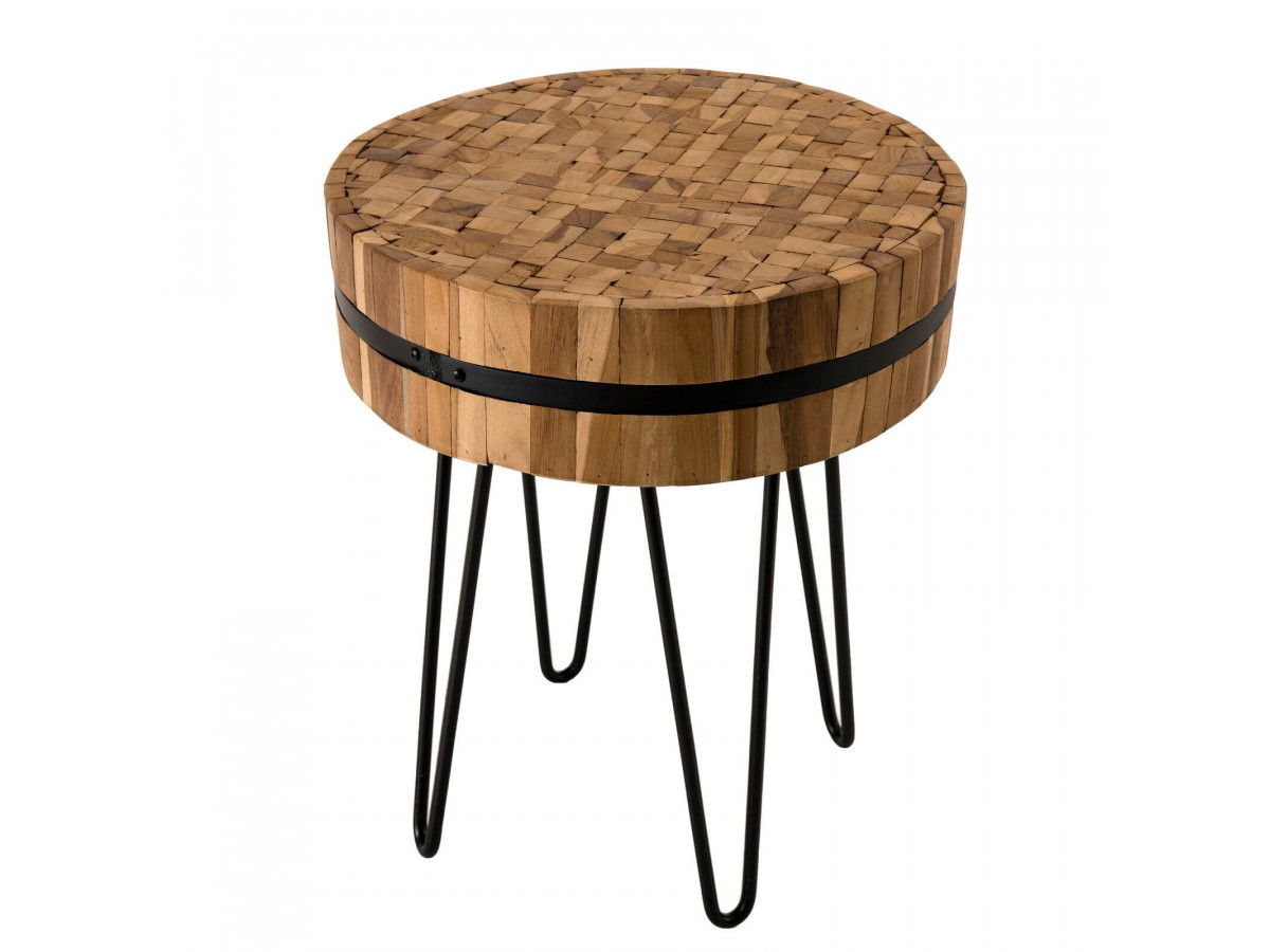 Table d'appoint ronde 45x45cm bois Teck recycle cerclee metal MAKANUI