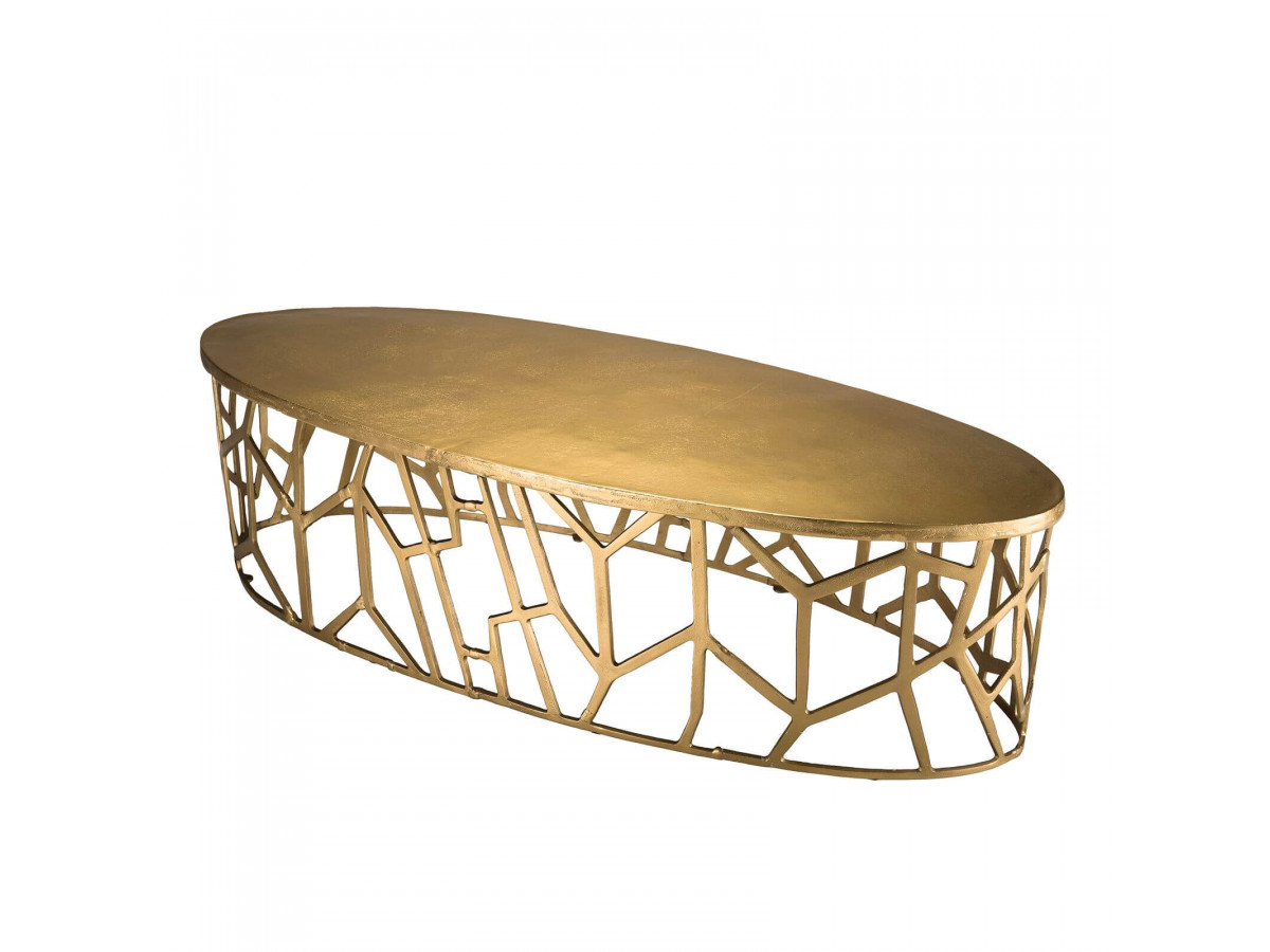 Table basse ovale 150x60cm aluminium dore pietement graphique DARAMA