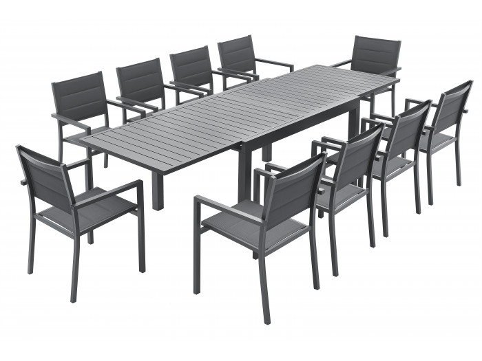Ensemble table extensible + 10 fauteuils anthracite Cloé