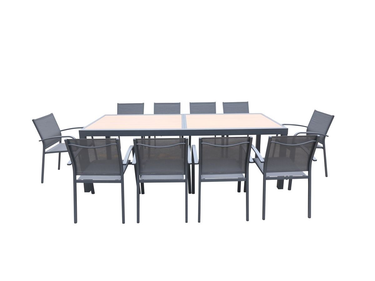 Ensemble table extensible + 14 fauteuils effet bois KATMANDOU